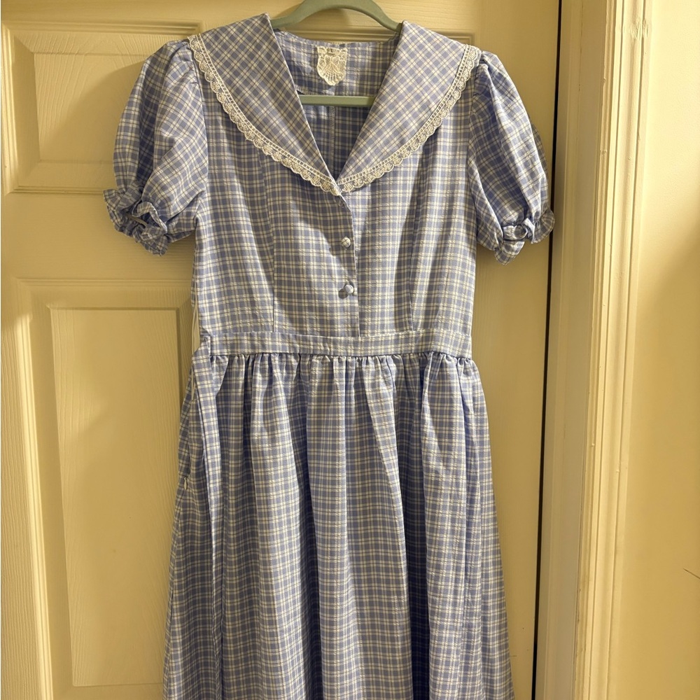 Blue Plaid Dress with Lace Collar